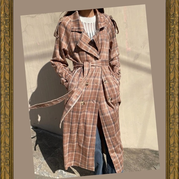 NWOT Elegant Brown Plaid Trench Coat - Picture 2 of 4